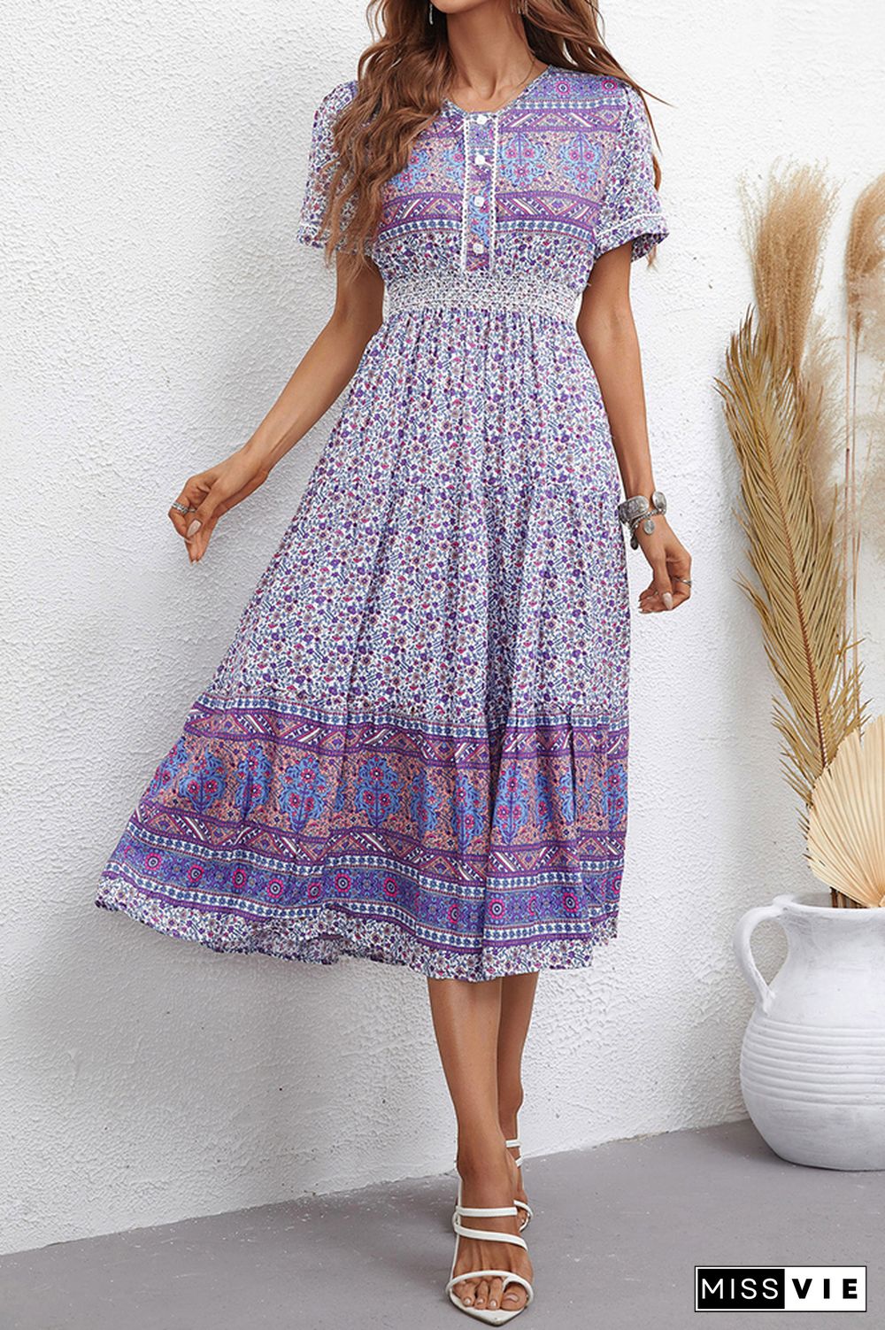 Bohemia Style Vintage Floral Print Midi Dress