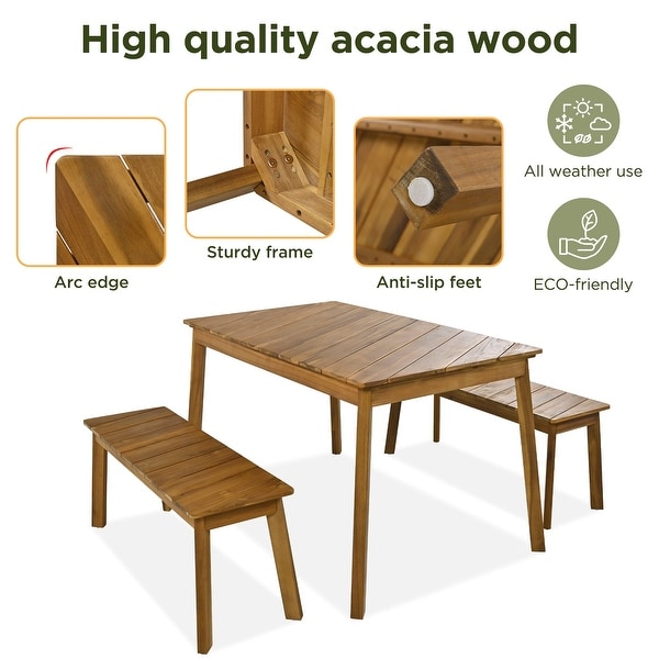 3 Pieces Acacia Wood Outdoor Patio Dining Set with 2 Benches，Picnic Beer Table