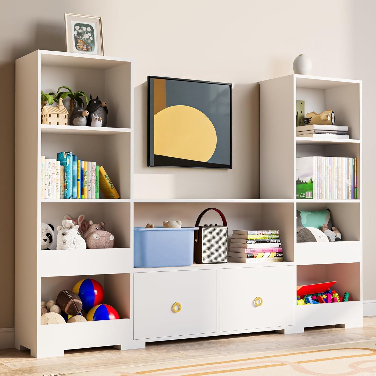 Combination Bookshelf U-Shaped Storage Shelf with 9 Cubes and 2 Drawers