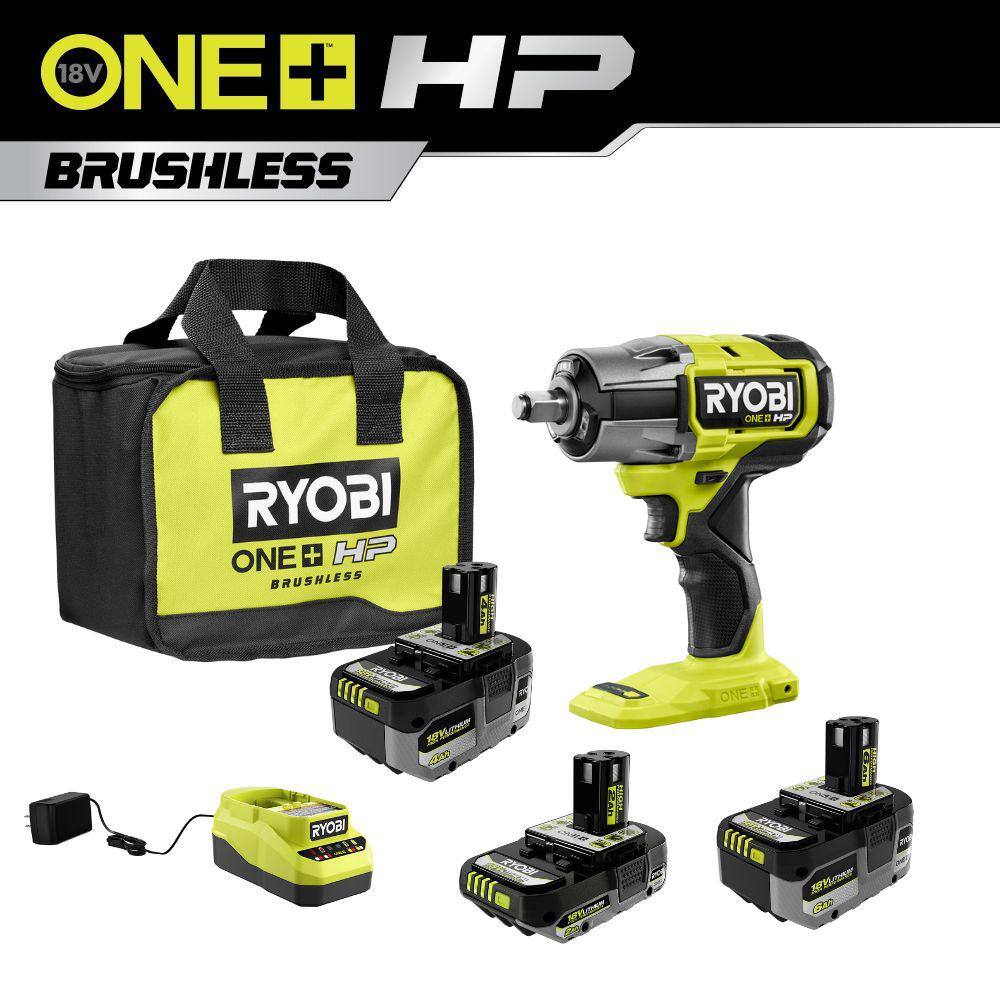 RYOBI ONE+ 18V Lithium-Ion 2.0 Ah 4.0 Ah and 6.0 Ah HIGH PERFORMANCE Batteries and Charger Kit w HP Brushless Impact Wrench PSK007-P262