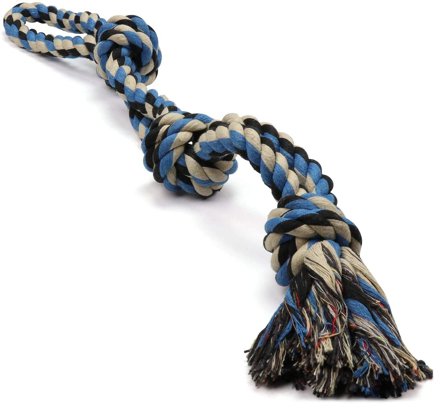 Pacific Pups Products Interactive Dog Toys， Blue， Tough Twisted Rope Toy with 3 Knots