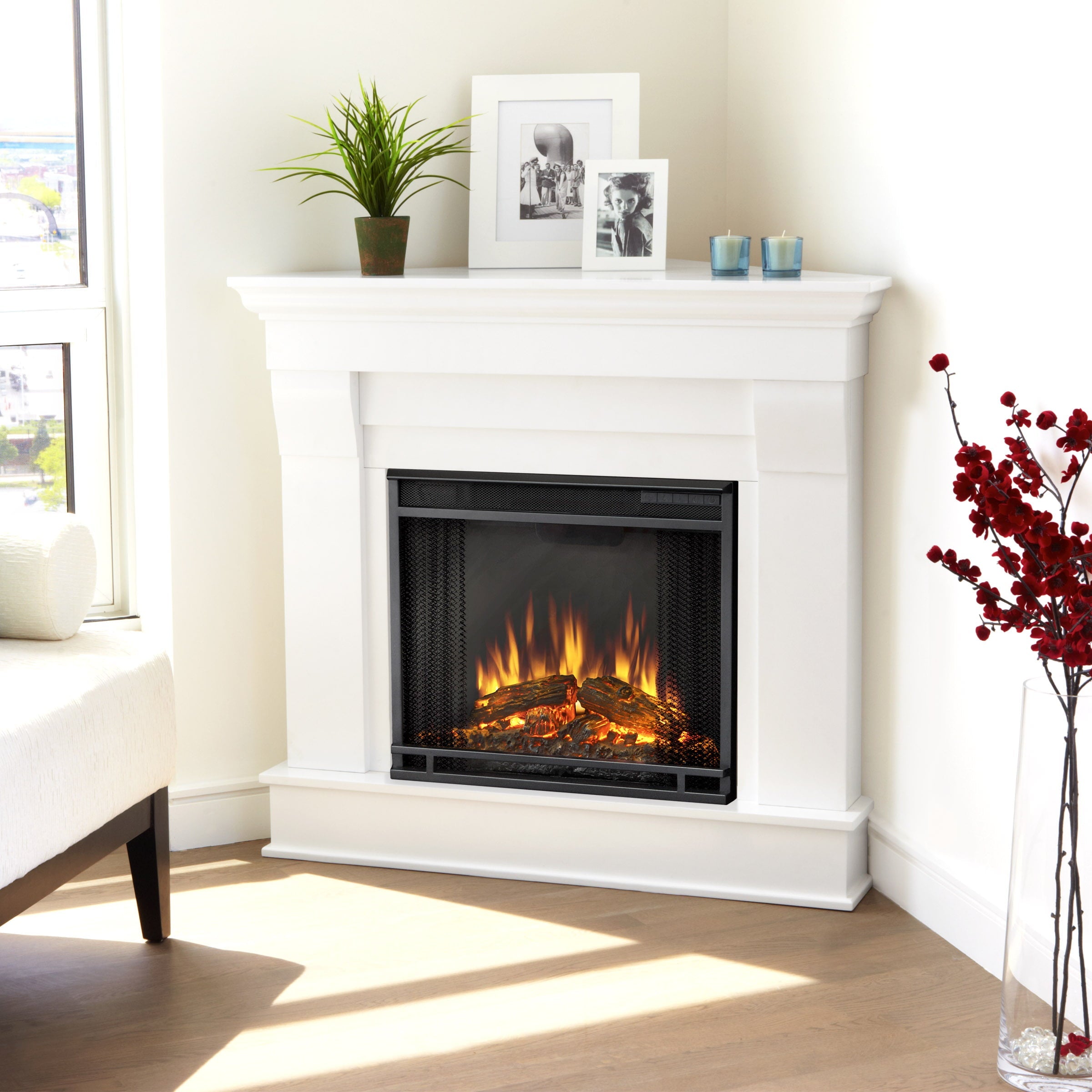 Chateau Corner Electric Fireplace in White by Real Flame