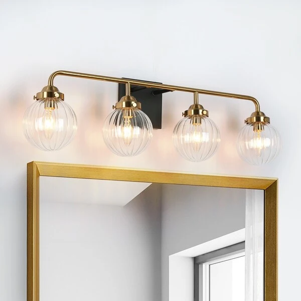 Modern 4-Light Black Gold Bathroom Linear Vanity Lights Globe Glass Wall Sconces - 28.5