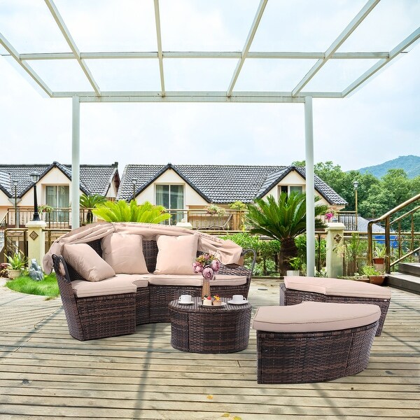 Outdoor Sectional PE Wicker Daybed with Cushions and Sun Canopy