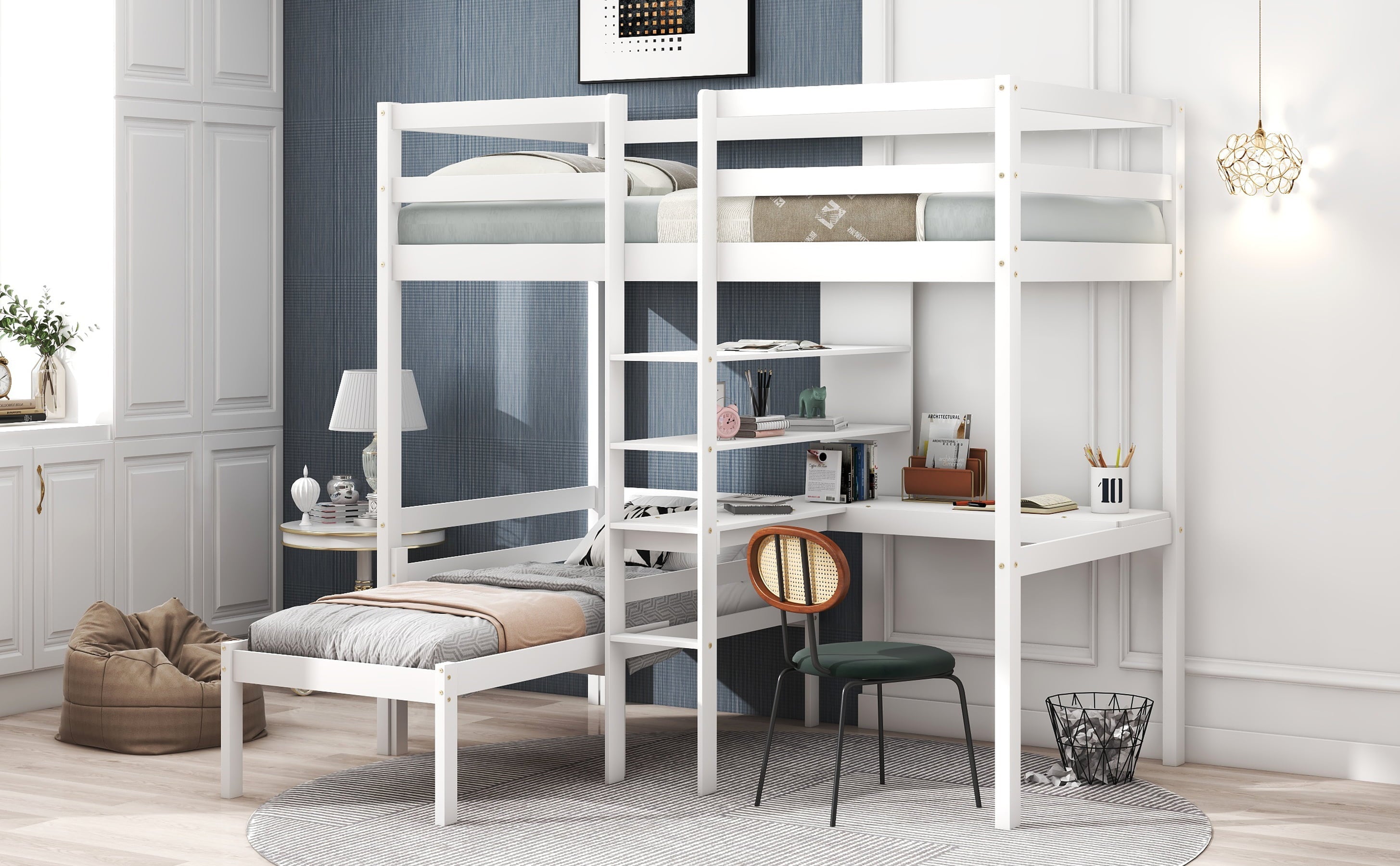 Euroco Twin Size Wood Bunk Bed with Shelves & Desk for Kids Bedroom, White