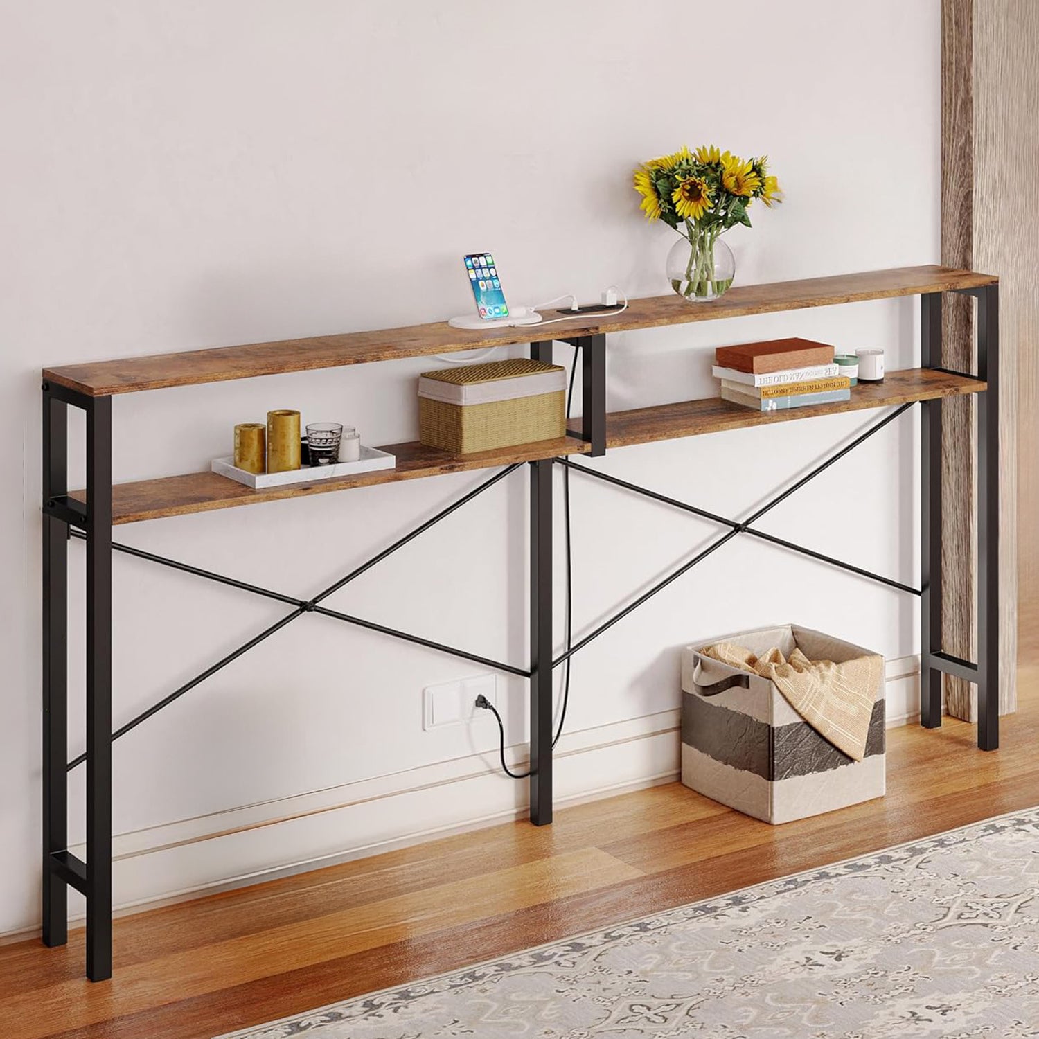 Industrial Console Table X-shaped Entryway Table Narrow Sofa Table with Power Outlet and Shelves