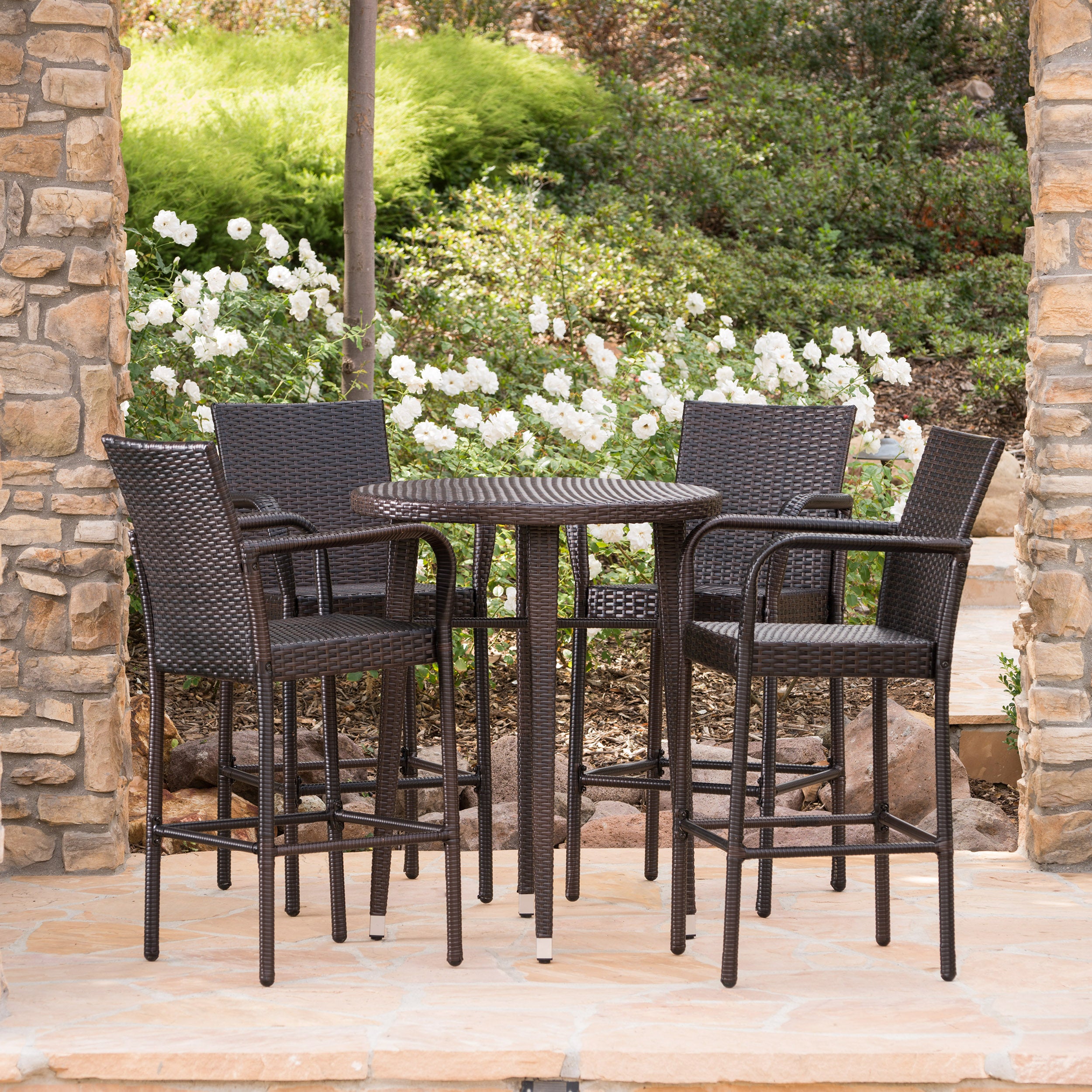 Patricia Outdoor 5 Piece Multi-brown Wicker Round Bar Table Set