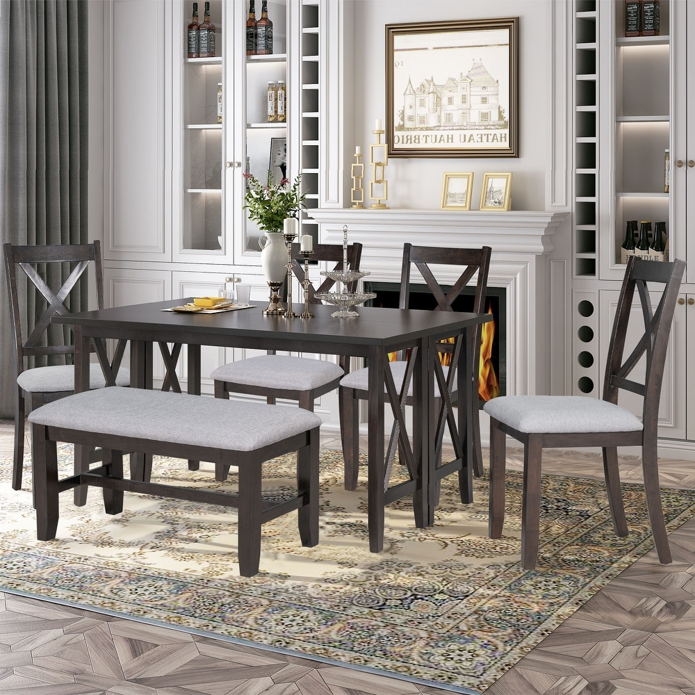 6 Piece Family Dining Room Set Solid Wood Space Saving Foldable Table and 4 Chairs with Bench for Dining Room