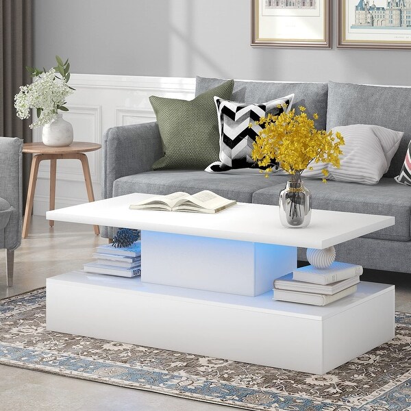 LED Coffee Table Rectangle White Modern Living Room Tables High Gloss Center Table - as picture