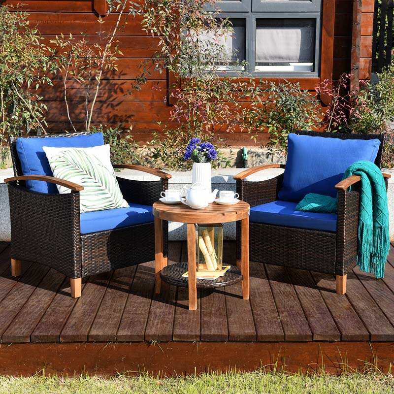 3 Pcs Patio Furniture Set Outdoor Rattan Sofa & Side Table Conversation Bistro Set with Acacia Wood Frame