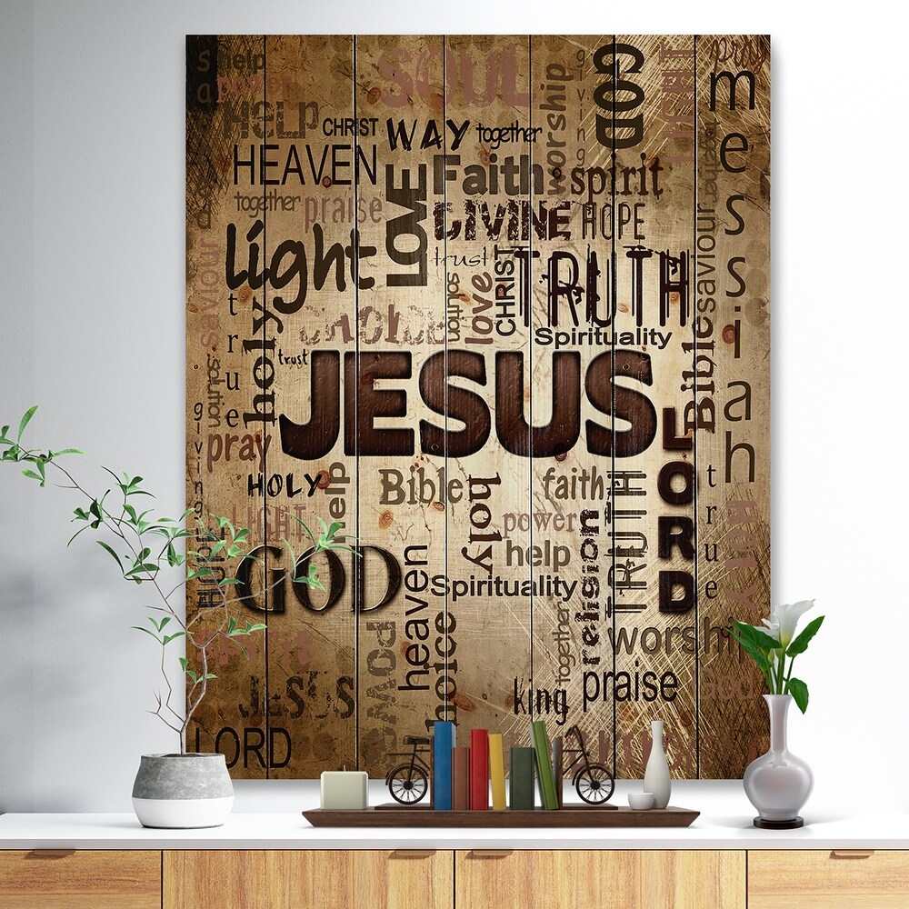 Designart 'Jesus' word cloud in grunge background' Religious Contemporary Print on Natural Pine Wood   Brown