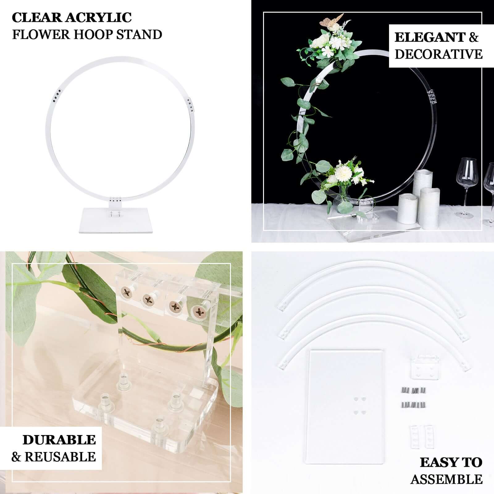 Clear Acrylic Table Wedding Arch Hoop Stand Centerpiece, Round Wreath Tabletop Decor 26