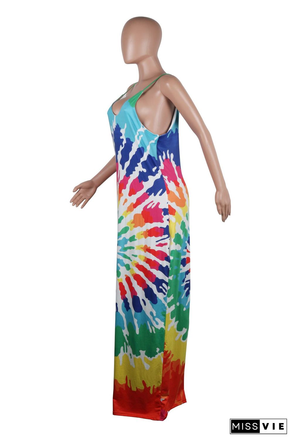 Fashionable Contrast Printing Loose Floor-Length Halter Dress