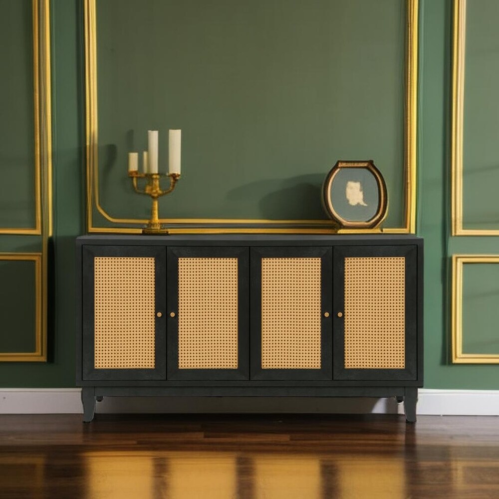 Sideboard Buffer Storage Cabinet With 4 Rattan Doors and Adjustable Shelves