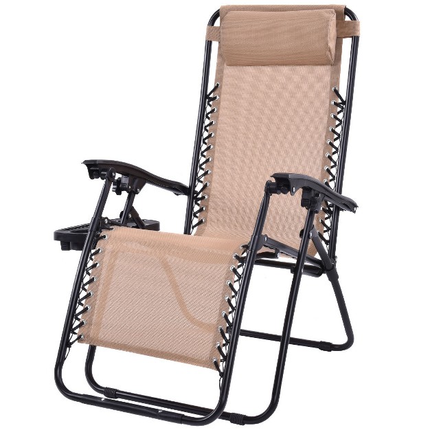 Costway 2pcs Zero Gravity Chairs Lounge Patio Folding Recliner Beige W cup Holder