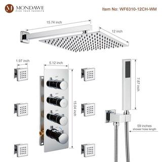 Mondawe Luxury 3-Spray Patterns Thermostatic 12 in. Wall Mount Rainfall Dual Shower Heads with 6-Body Spray in Chrome WF6310-12CH-WM