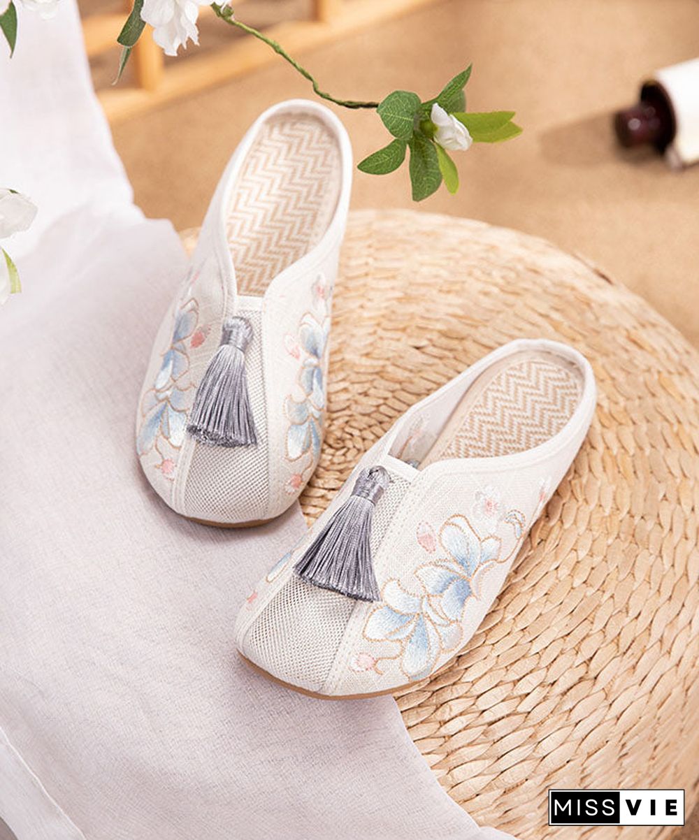 White Flat Slide Sandals Linen Fabric Chic Embroidery Tassel