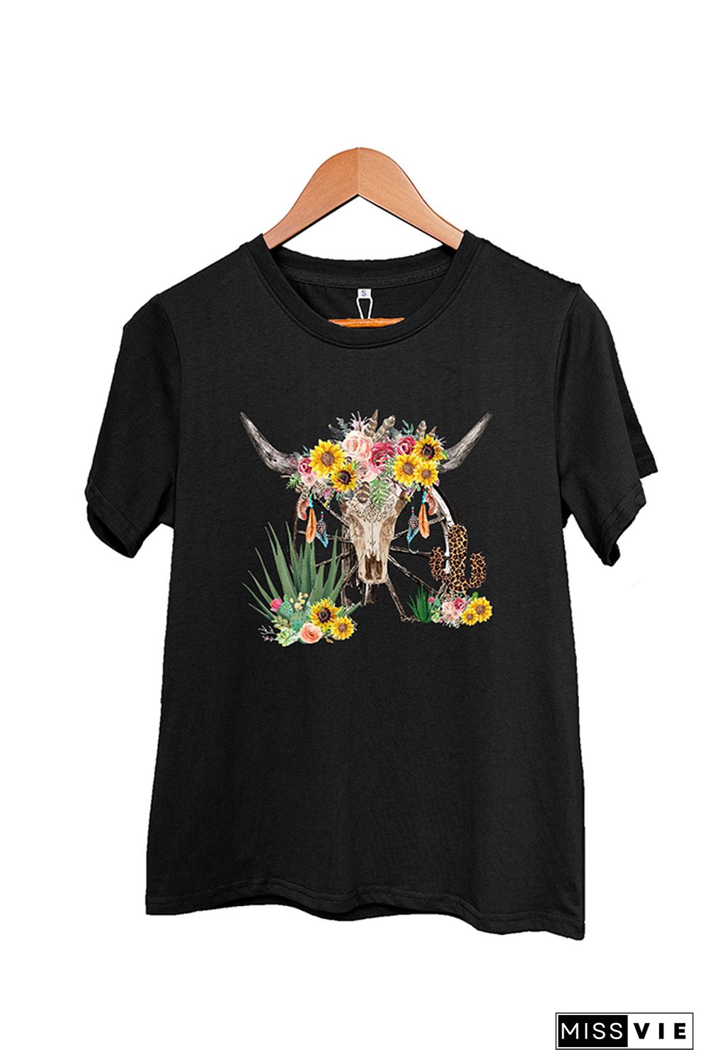 Wastern Cactuswith Rustic Cow Skull Short Sleeve Graphic Tee Wholesale