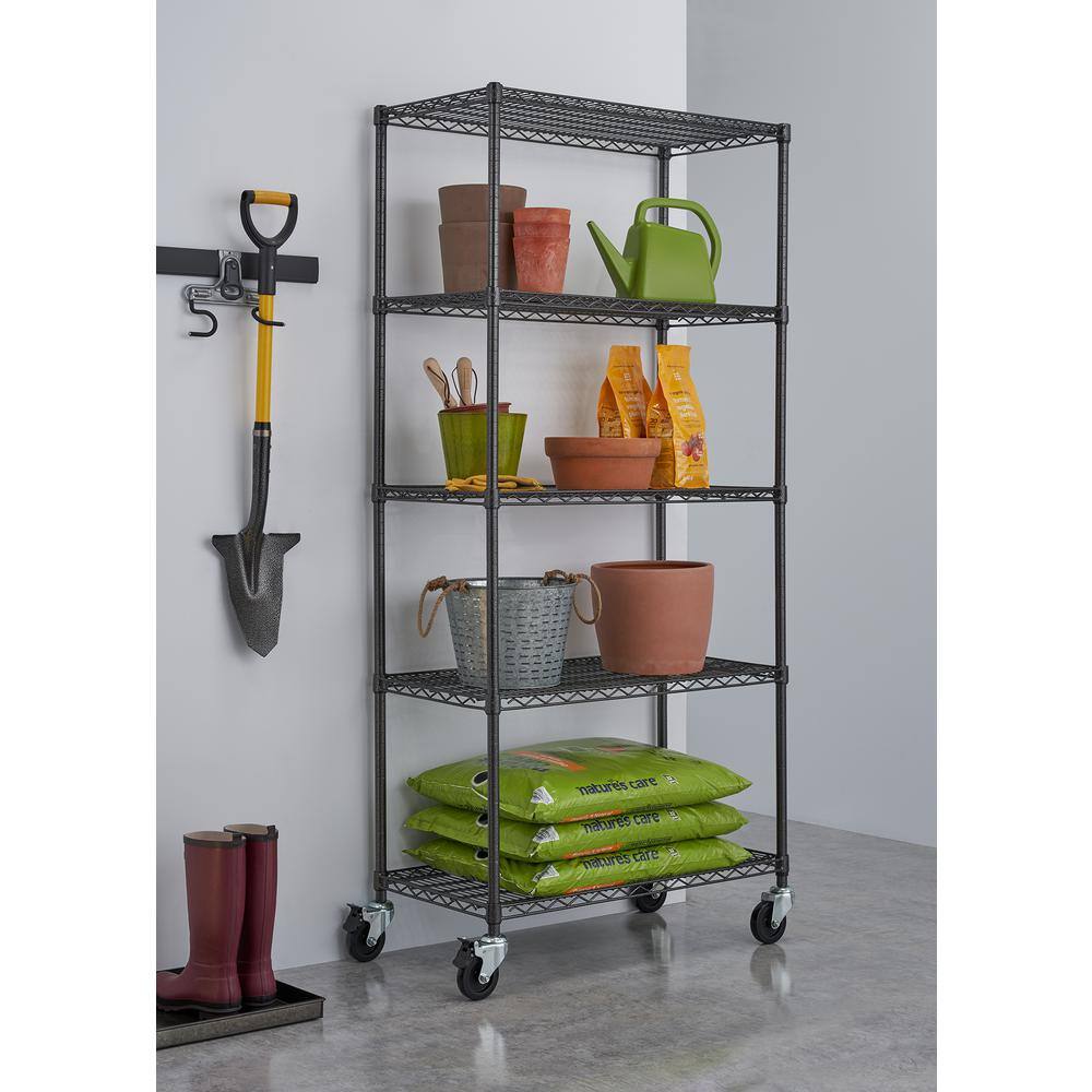 TRINITY PRO Black 5-Tier Rolling Steel Wire Garage Storage Shelving Unit (36 in. W x 77 in. H x 18 in. D) TBFPBA-0921