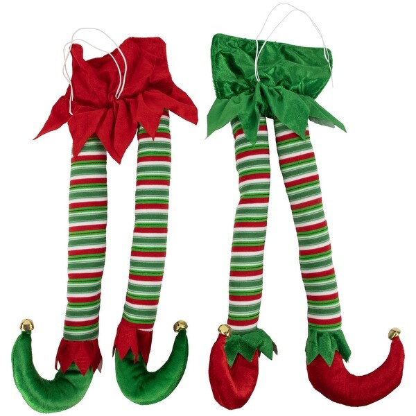 Set of 2 Red and Green Striped Plush Elf Legs Christmas Decorations 18