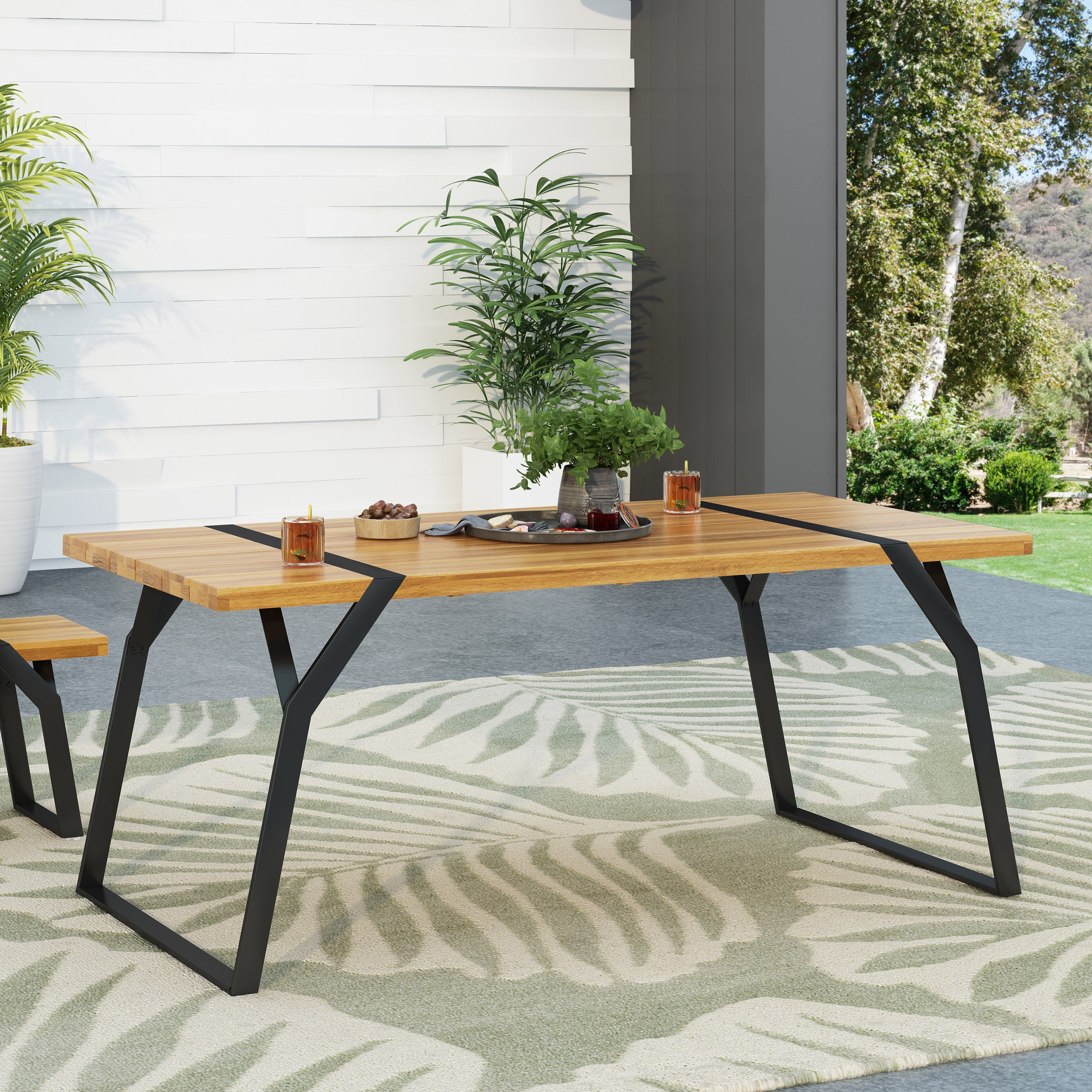 Pepple Outdoor Acacia Wood Dining Table, Teak and Black