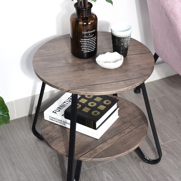 18-inch 2 Tiers Small Round Coffee Table End Table， Wood