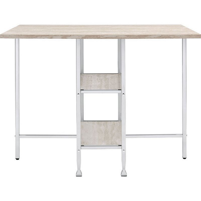 Counter Height Table with 2 Shelves， Antique White and Chrome