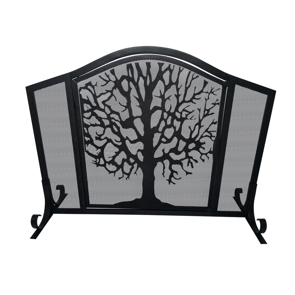 43 Inches 3 Panel Iron Fireplace Screen  Mesh Design  Arched Top  Tree of Life Art  Black