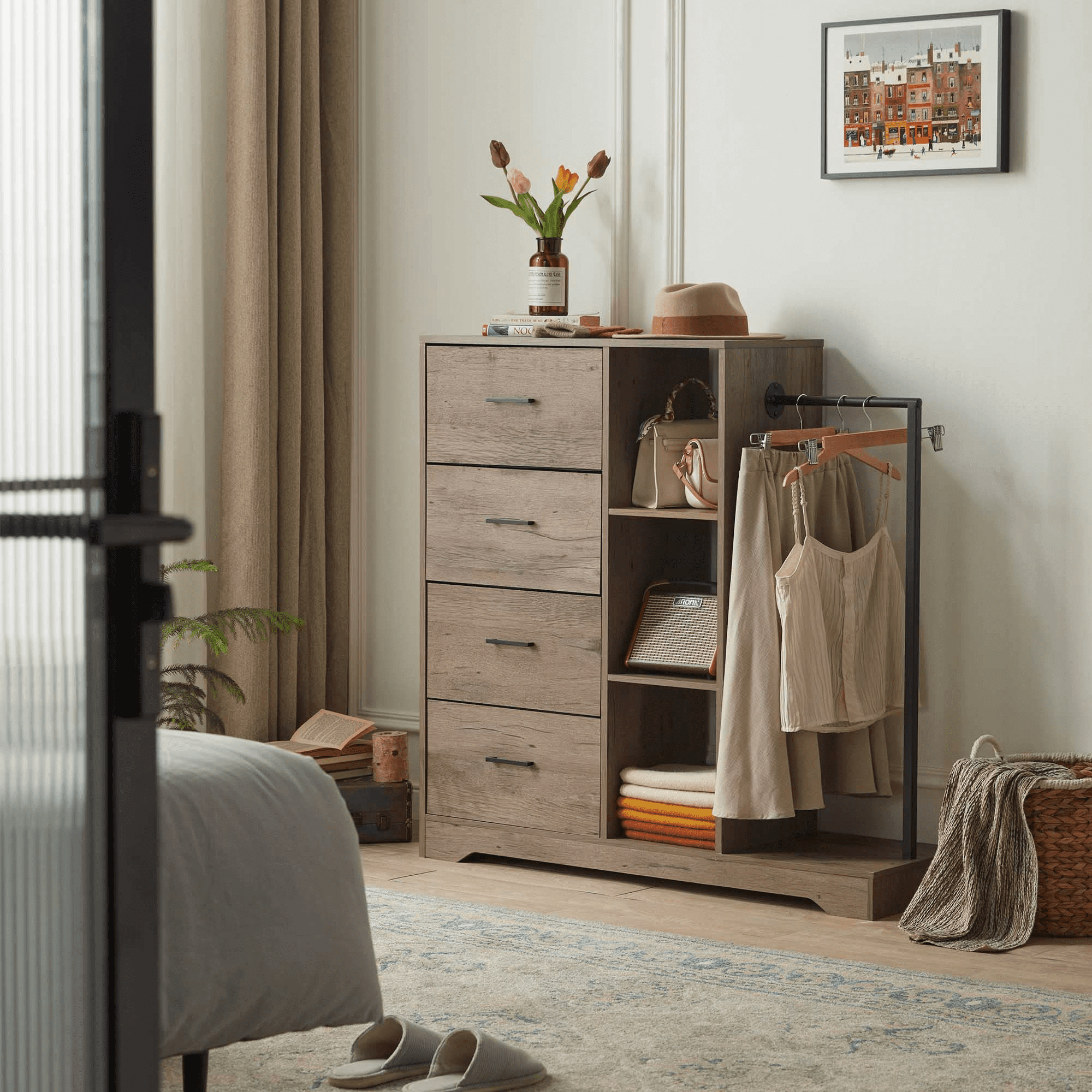 FRAPOW 4 Drawer Dresser for Bedroom with Metal Clothes Rack, 3 Open Storage Chest Dresser, Rustic Brown