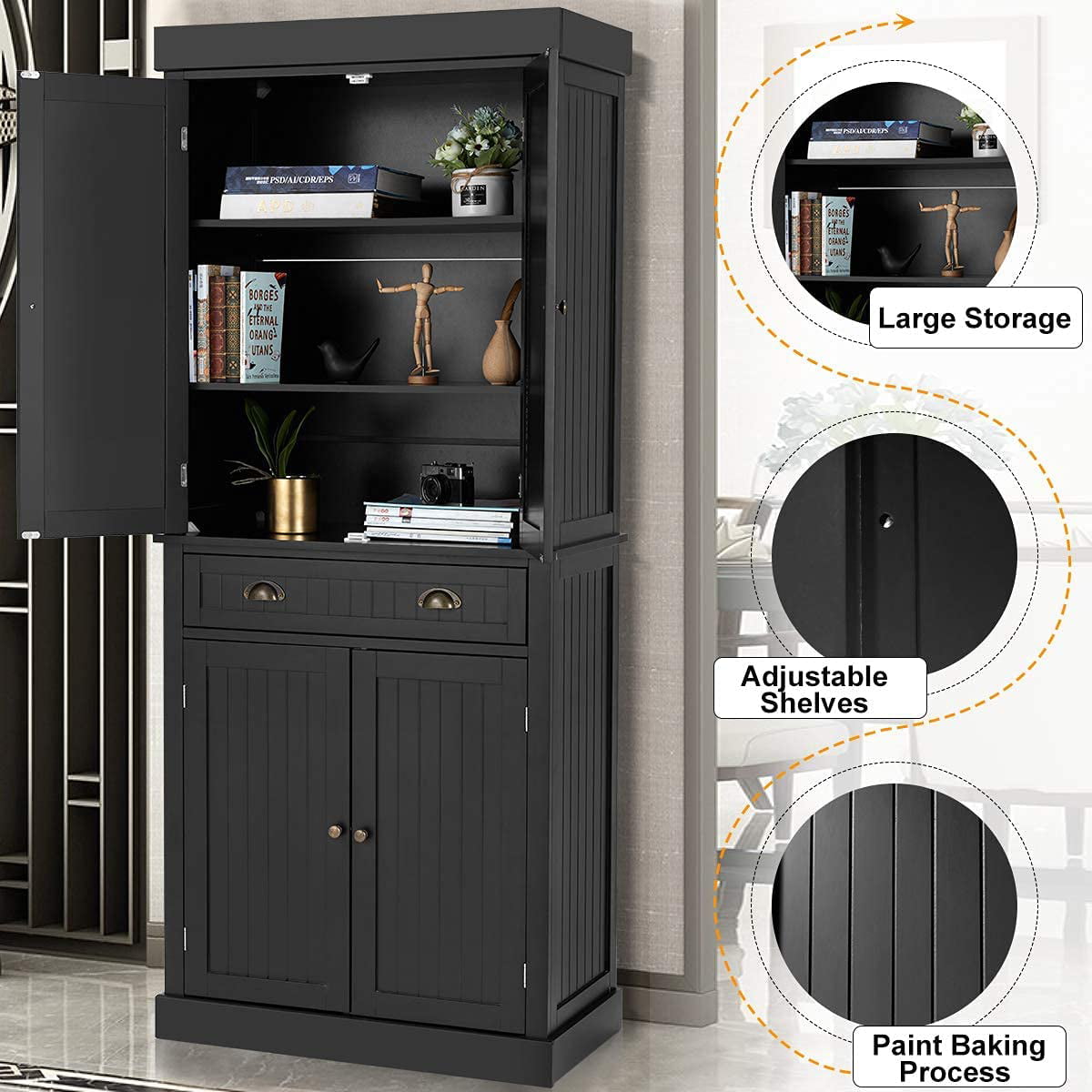 Yoleny Kitchen Pantry， 72” Freestanding Storage Cabinets with Doors and Shelves， Elegant Colonial Design Cabinet Cupboard， Black