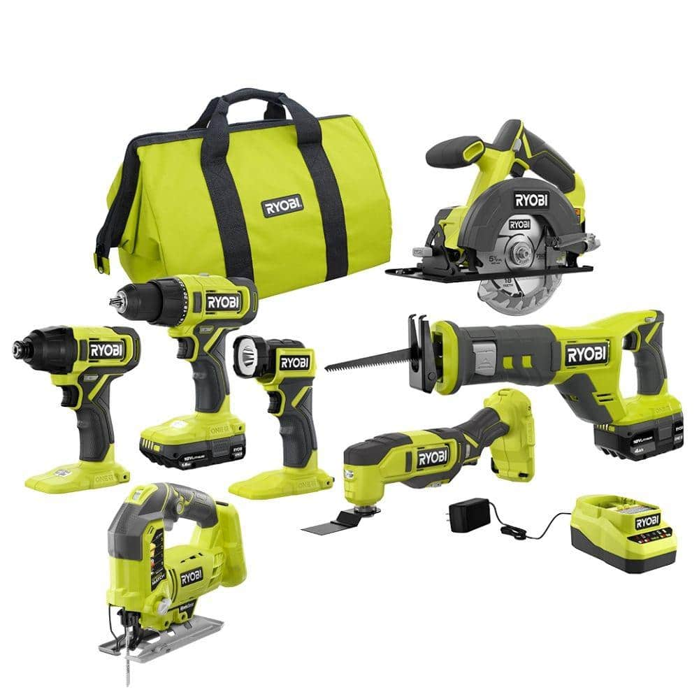 RYOBI ONE+ 18V Cordless 6-Tool Combo Kit with 1.5 Ah Battery, 4.0 Ah Battery, Charger with Jig Saw PCL1600K2-P5231 28324924