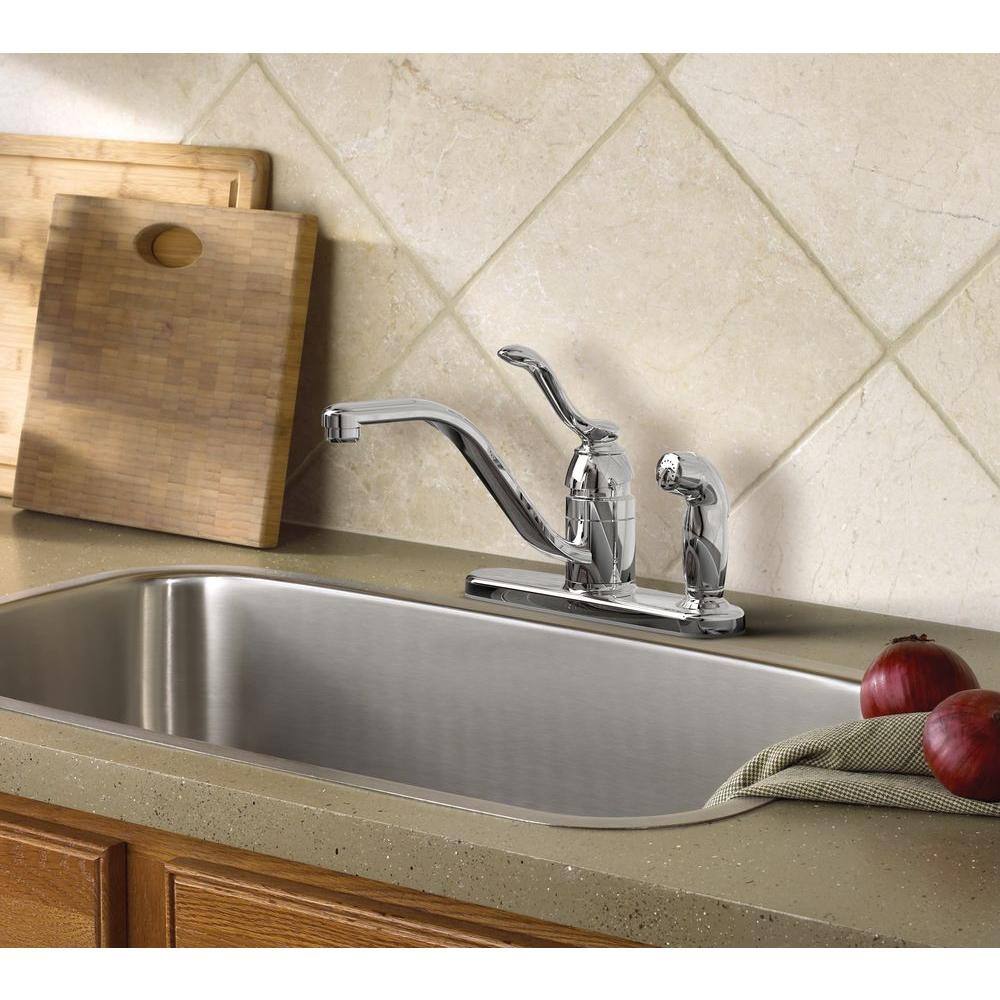 MOEN Banbury Single-Handle Low-Arc Standard Kitchen Faucet with Side Sprayer on Deck in Chrome CA87527