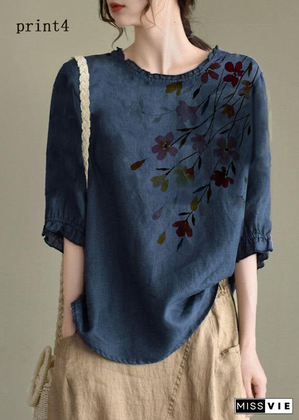 Handmade Navy lantern Sleeve O-Neck Embroideried Summer Ramie Blouses