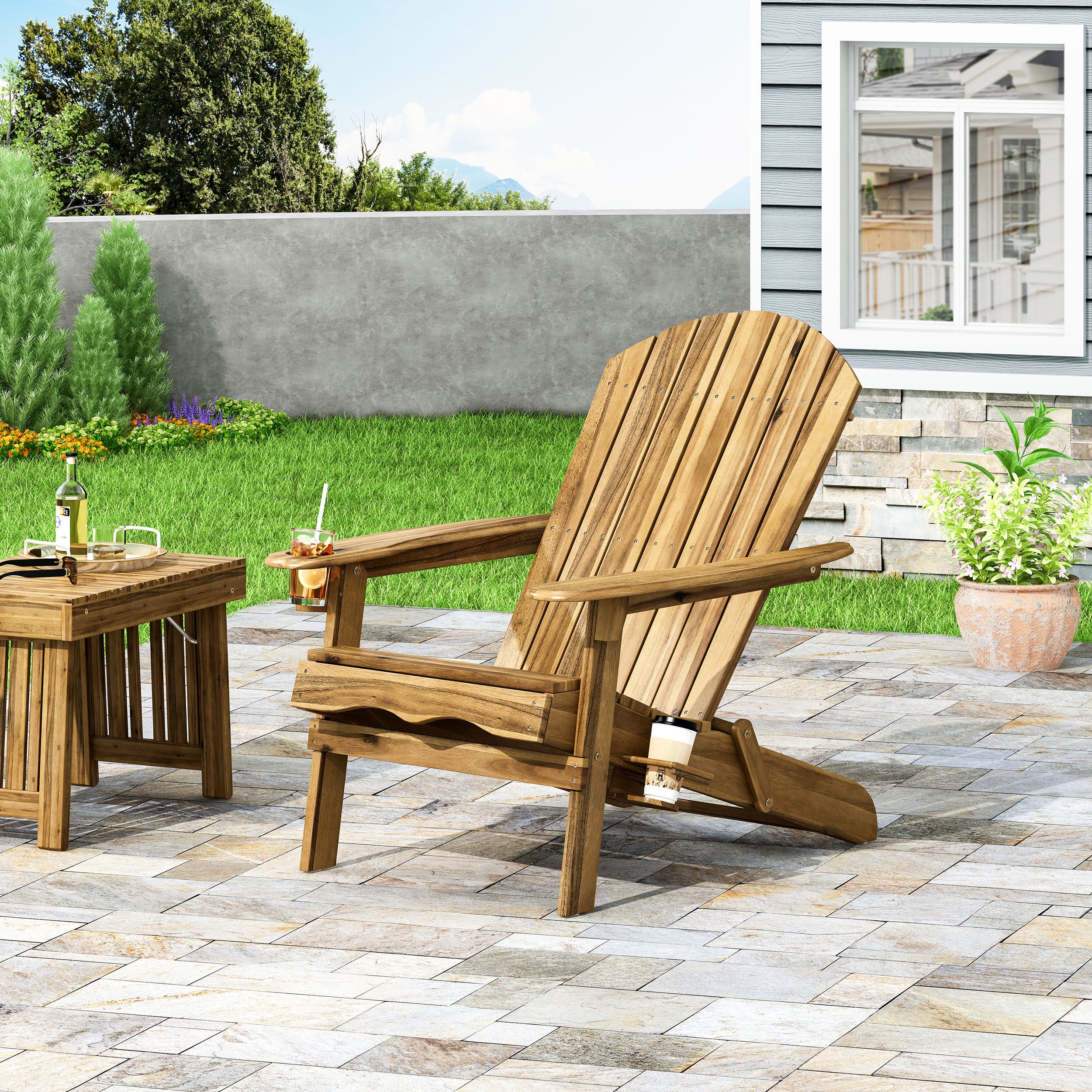 Kandyce Outdoor Acacia Wood Folding Adirondack Chair With Cup Holder