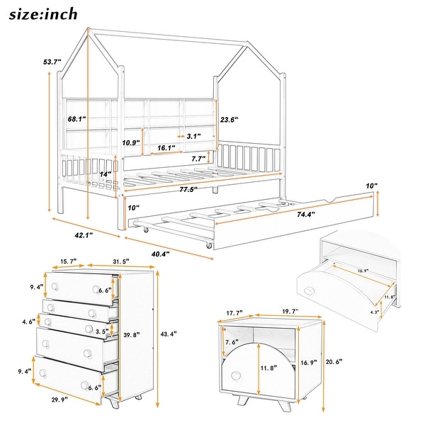 3pcs Bedroom Set，Twin Size House Bed with Nightstand and Storage Chest - - 36919943