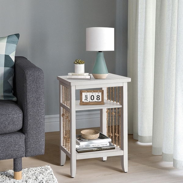 COSIEST White Solid Wood End Table with Hemp Ropes for Living Room