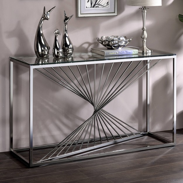 Wondry Geometric Inspired Sofa Table With Glass Top Chrome Mibasics