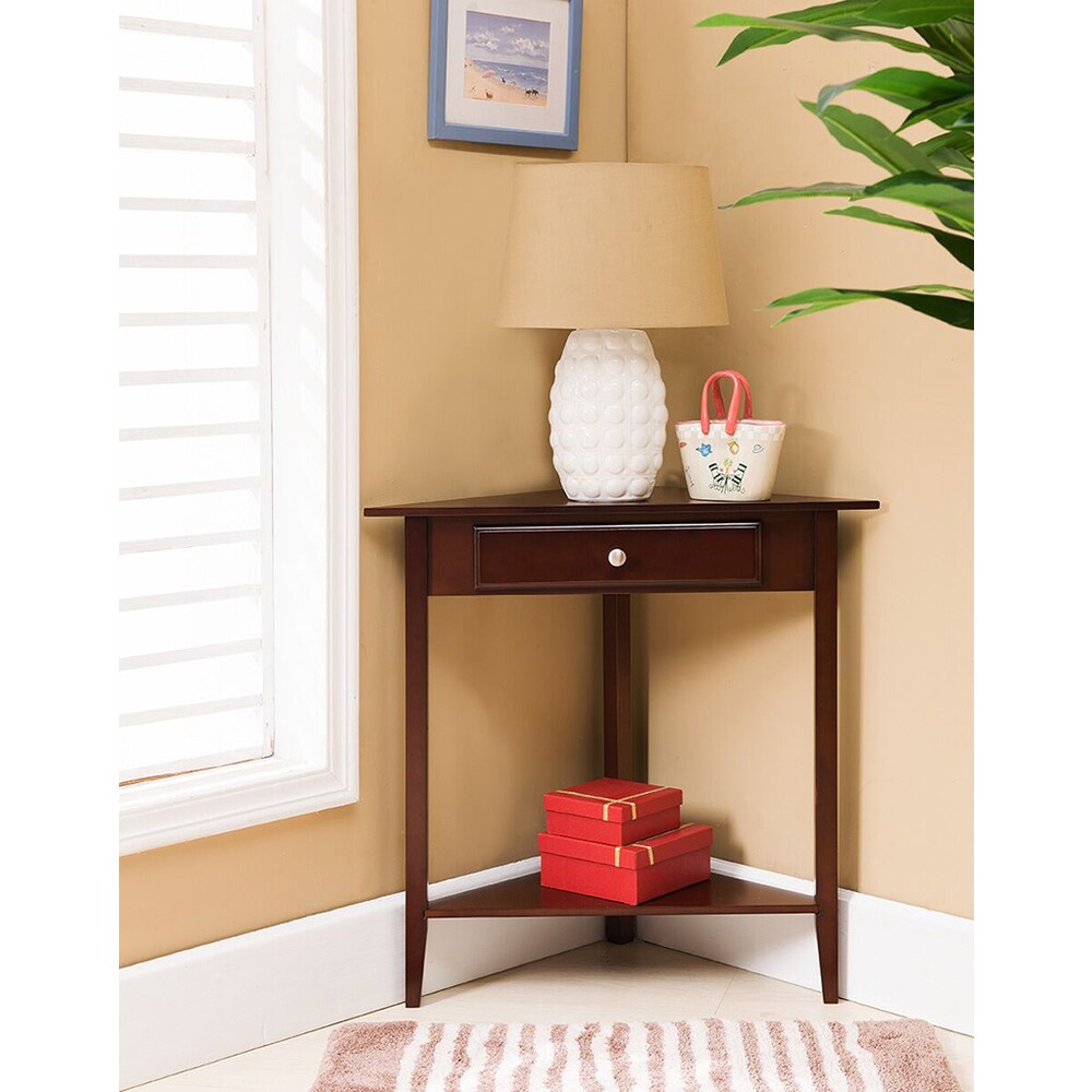 Walnut Finish Wood Corner Sofa Accent Table with Drawer