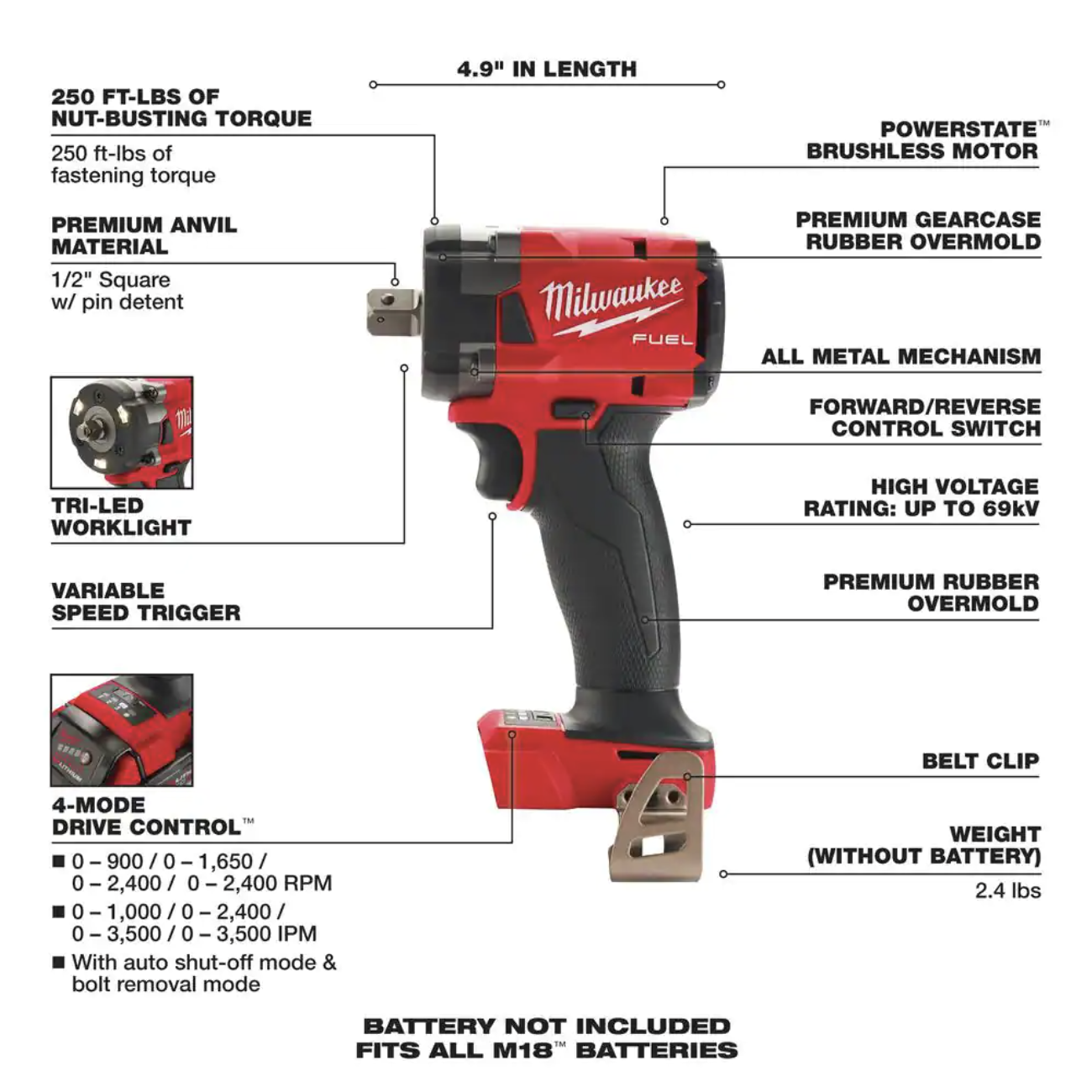 Milwaukee M18 FUEL GEN-3 18V Lithium-Ion Brushless Cordless 1/2 in. Compact Impact Wrench with Pin Detent (Tool-Only)