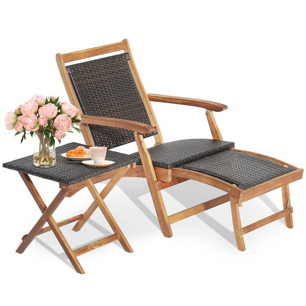 Costway 2pcs Patio Rattan Folding Lounge Chair Table Acacia Wood W retractable Footrest