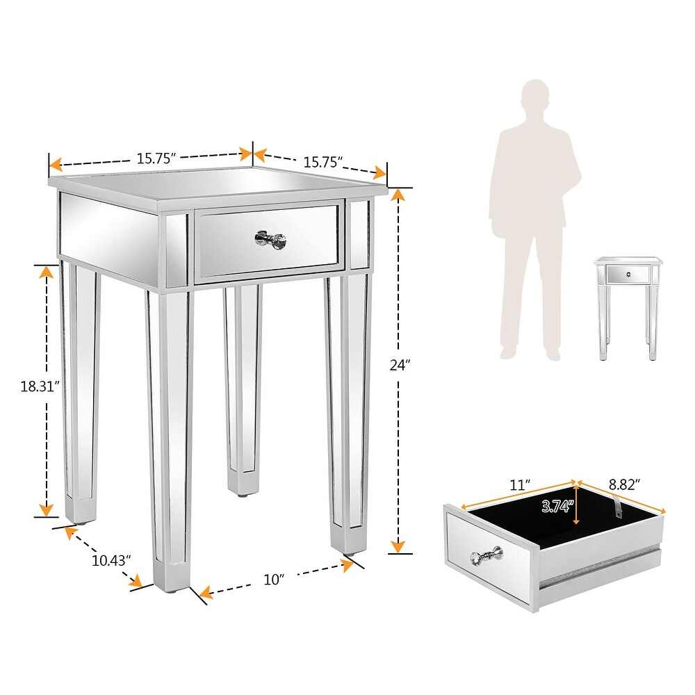 Mirrored End Table with Drawer Silver Modern Nightstand/Bedside/Accent Table for Small Space Living Room Bedroom