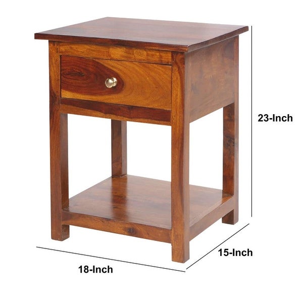 22.5 Inch Acacia Wood Rectangular End Side Table， 1 Drawer， Open Shelf， Walnut Brown - 18 L x 15.3 W x 22.5 H Inches