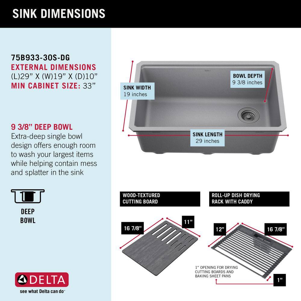 Delta Everest Dark Grey Granite Composite 30 in. Single Bowl Undermount Workstation Kitchen Sink with Accessories 75B933-30S-DG