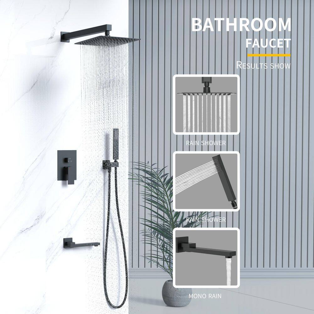 GIVING TREE 12 in. Single-Handle 3-Spray Square Tub and Shower Faucet Matte Black with Rotatable Tub Spout and Hand Shower HDFFBT712HC-12MB