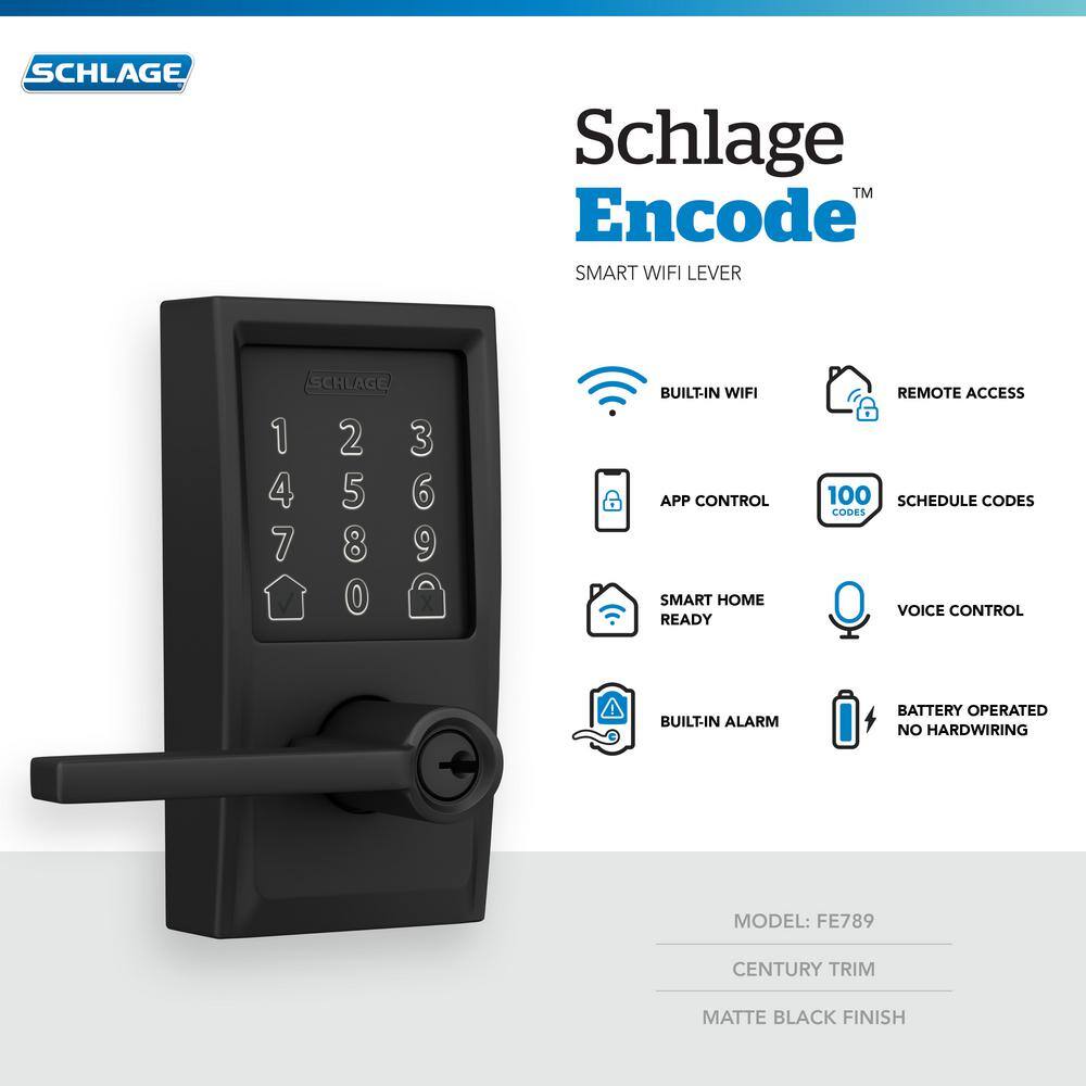 Schlage Century Matte Black Electronic Encode Smart Wi-Fi Latitude Lever with Alarm FE789WB CEN 622 LAT