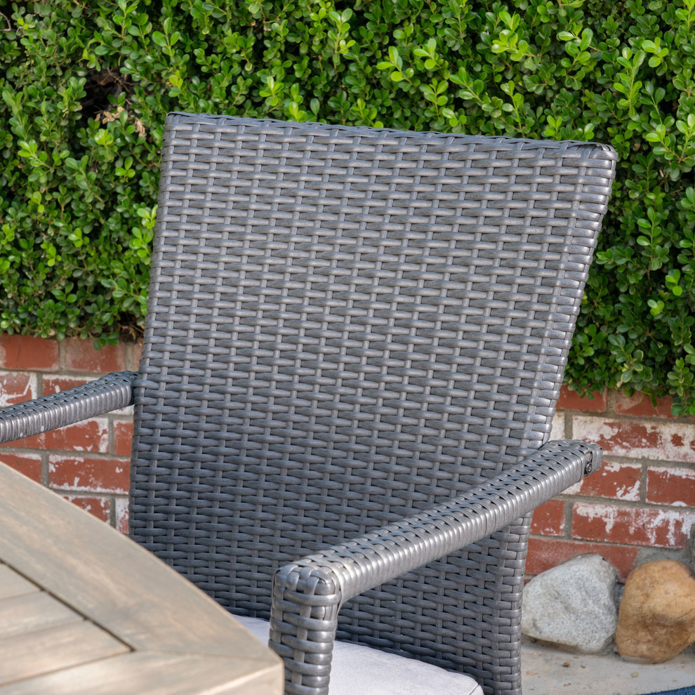 GDF Studio 5 Piece Leah Outdoor Wood and Wicker Dining Set  Gray and Gray   Tropical   Outdoor Dining Sets   by GDFStudio  Houzz