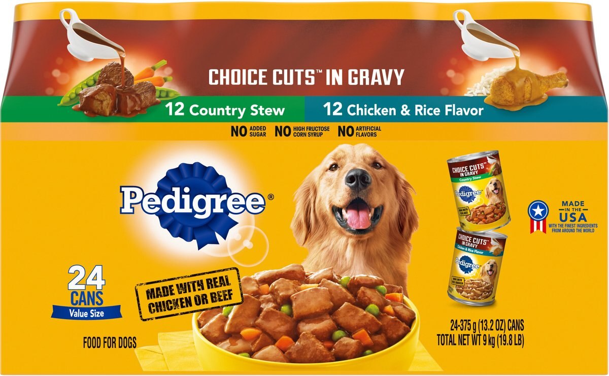 Pedigree Choice Cuts in Gravy Country Stew and Chicken and Rice Flavor Adult Canned Wet Dog Food Variety Pack， 13.2 oz， case of 24