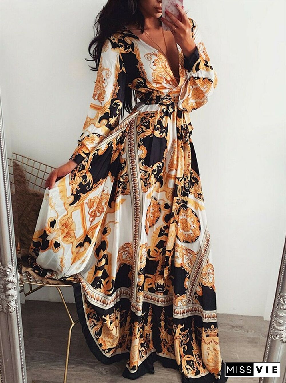 Women Sexy Deep V Neck Glitter Printed Evening Party Maxi Dress