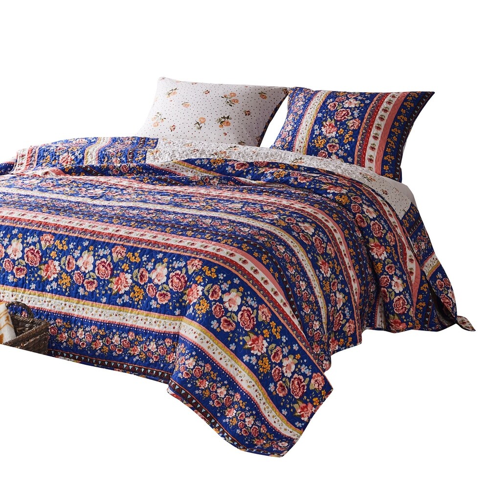 Loir 3 Piece Full Quilt Set with Floral Print  Multicolor