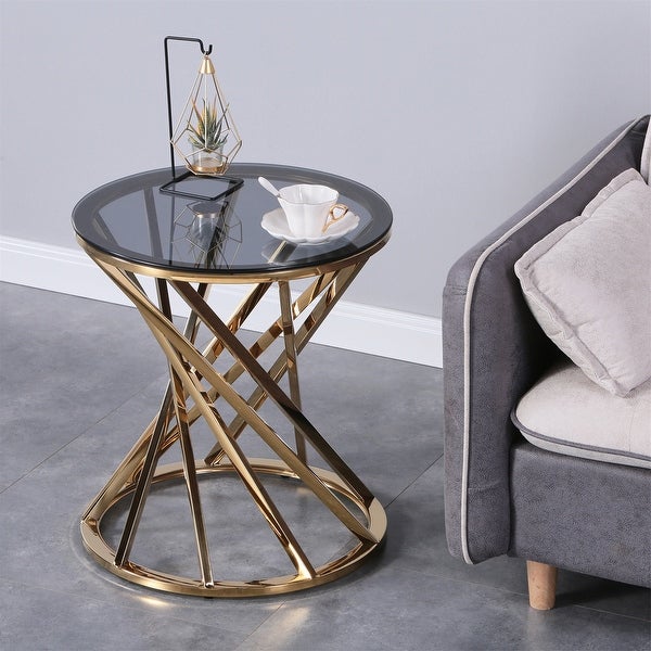 Black Grey and Gold Frame Round Glass Top Side Table for Living Room